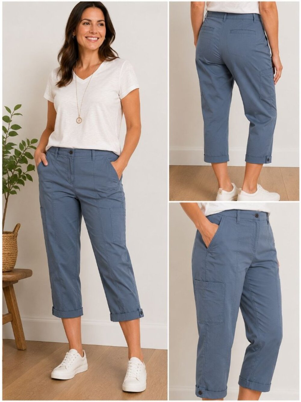 Chicos Blue Capri Pants Size 1 With Pockets & Rolled Hem Womens Casual Lightweig
